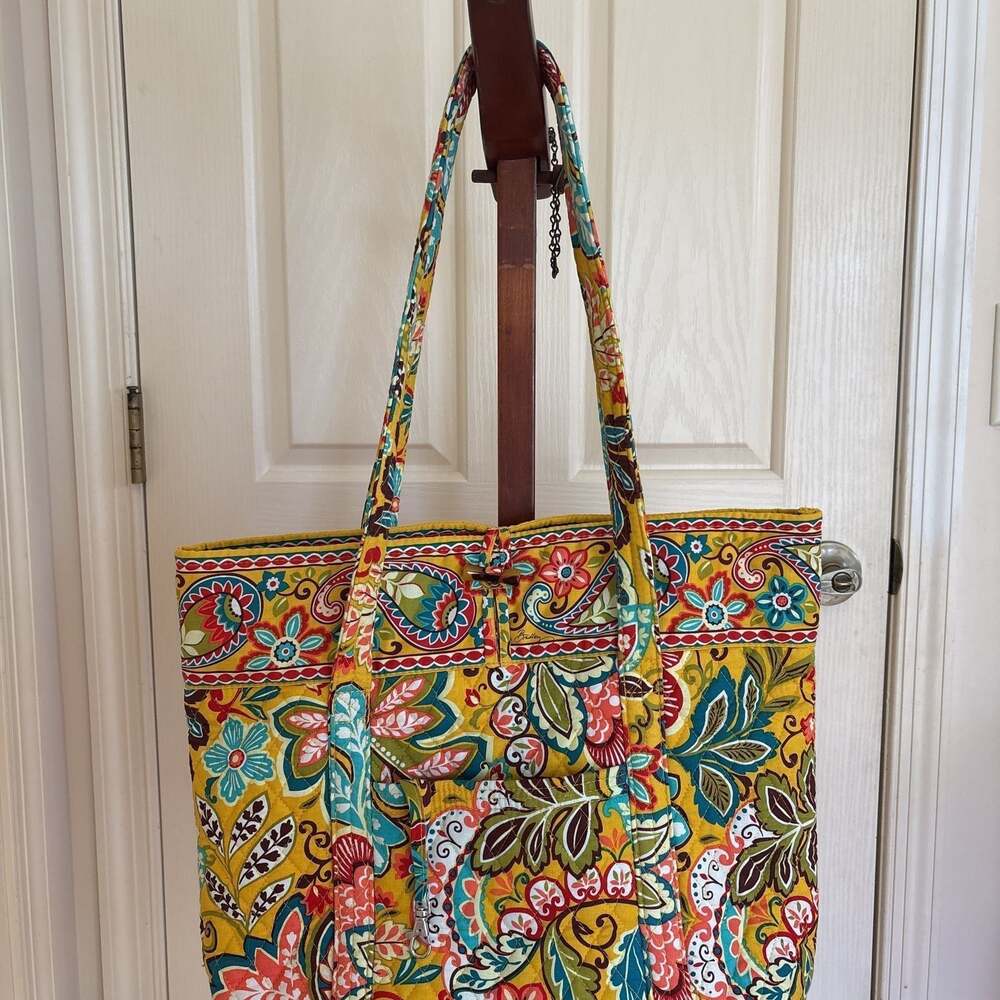Vera Bradley Tote Bag Yellow Paisley Print Quilted Large Shoulder Bag